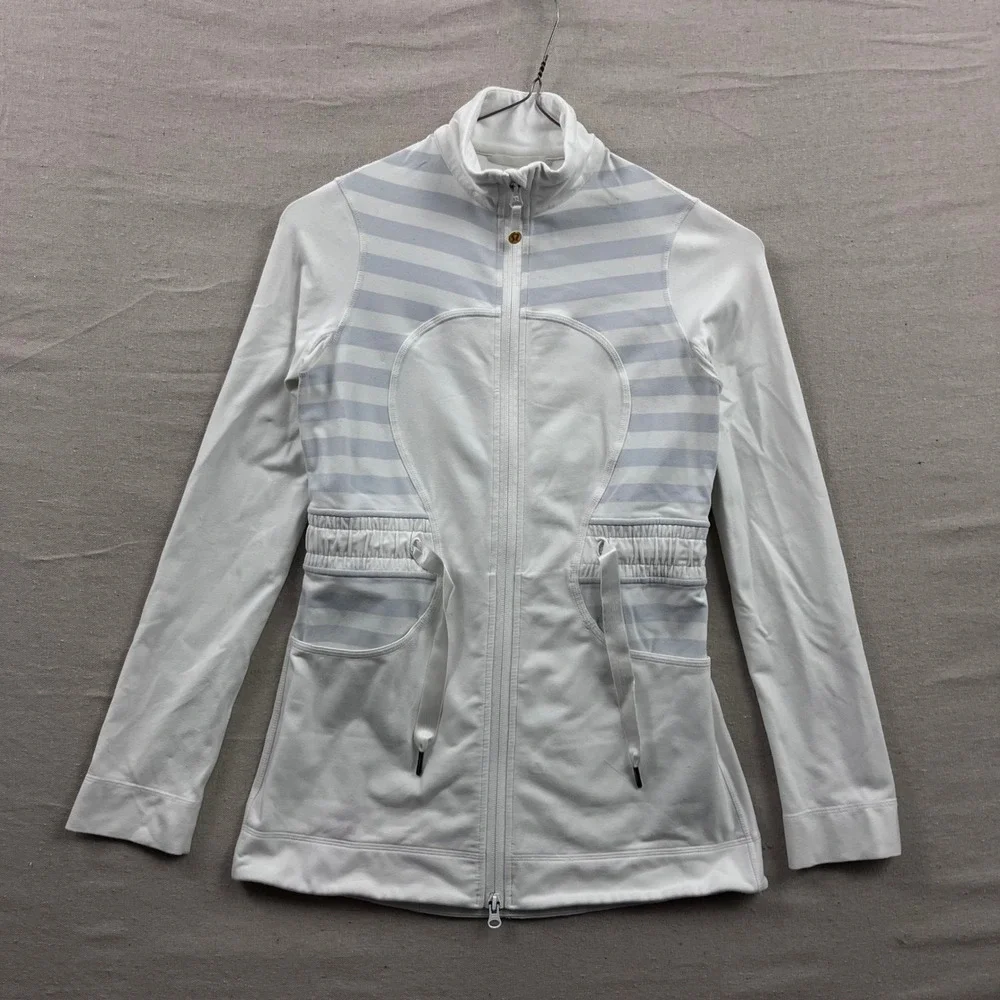 Rare Lululemon Yohari Full Zip‎ Jacket 4 White Blue Striped Cinched Waist